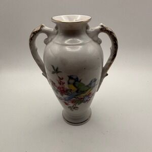 Vintage Floral Bird Vase Gold Trim Handles Decor Accent Piece Small